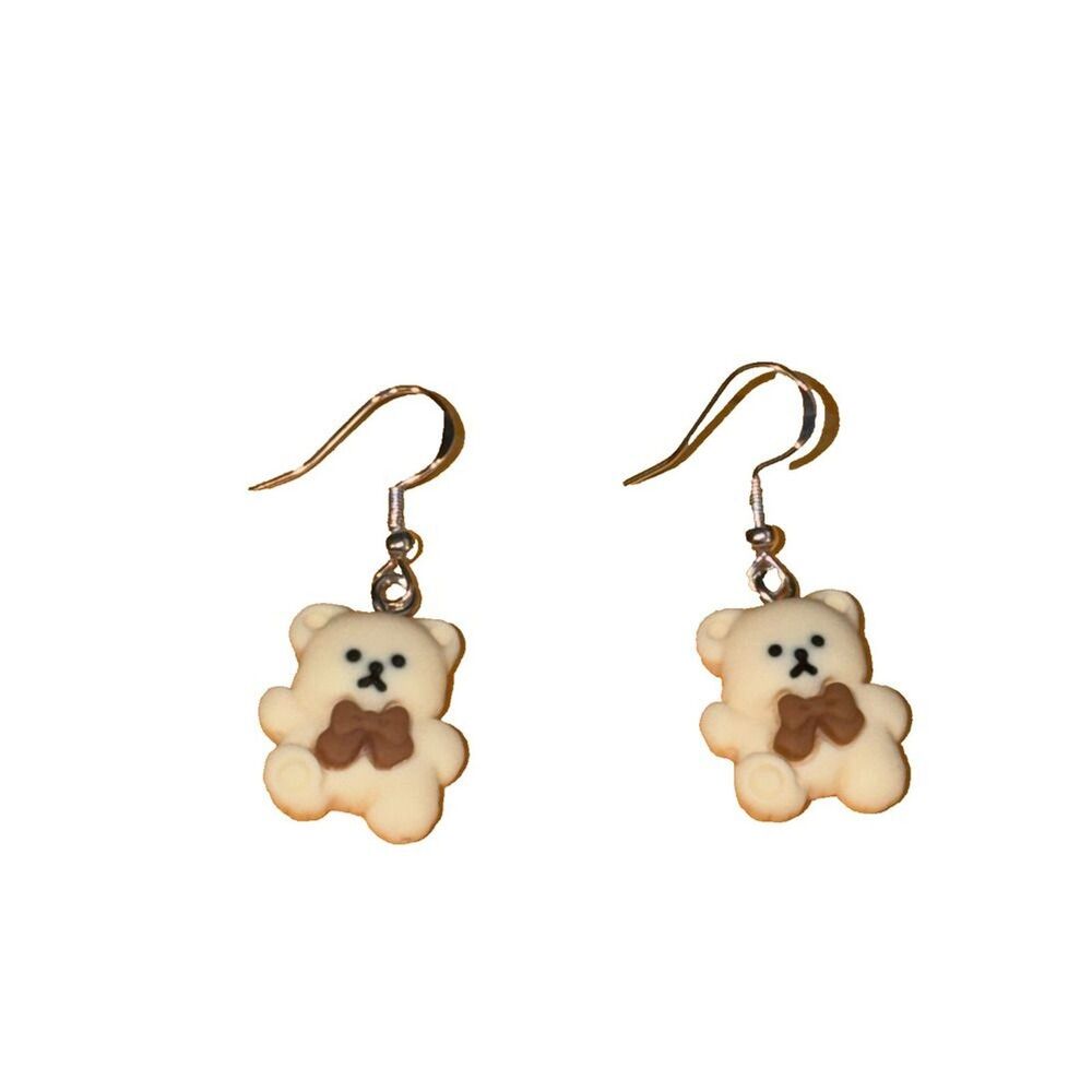 Coquette Teddy Bear Drop Earrings Neutral Brown Beige Ribbon Bow Kawaii Jewelry